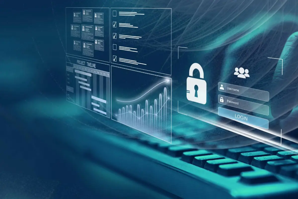 Imagem conceitual de cibersegurança empresarial, mostrando um teclado digital com hologramas representando login seguro, proteção de dados e monitoramento de ameaças. A ilustração destaca segurança corporativa e autenticação de usuários para evitar ataques cibernéticos.